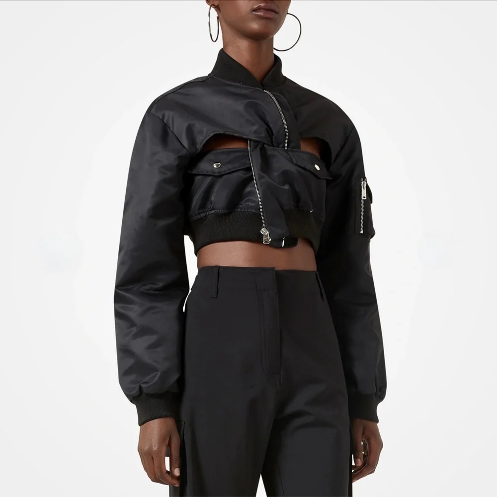 Coperni Cut-Out Cropped Shell Bomber Jacket Black New with Tags US 4 - Picture 4 of 15